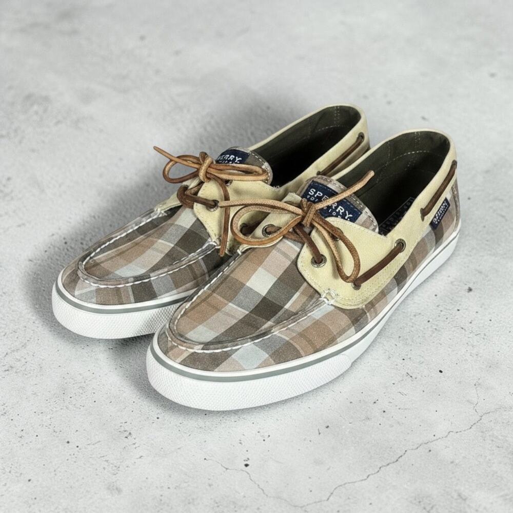 Sperry Top Siders Women's Brown Beige Plaid Sz 8.5 Loafers with Suede Laces/Trim